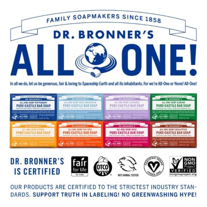 Dr. Bronner's bar soap range with words