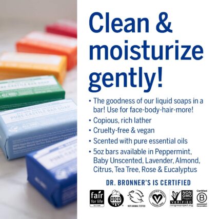 Dr. Bronner's bar soap range with words clean and moisturise gently