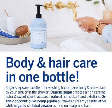 Dr. Bronner's Organic sugar pump soap infographic with words body and hair care in one bottle