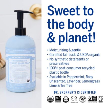 Dr. Bronner's Organic sugar pump soap infographic with words sweet to the body and planet