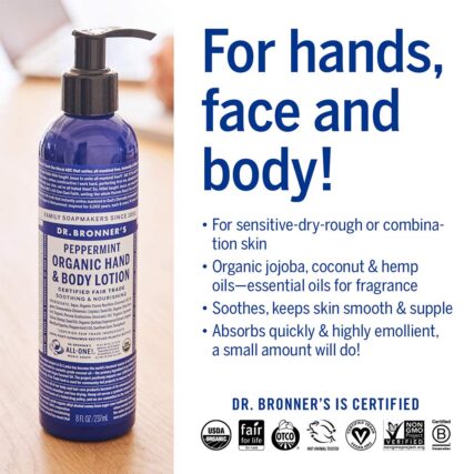 Dr. Bronner's Organic Hand and Body Lotion Peppermint 237ml and infographic with words For Hands, face and body!