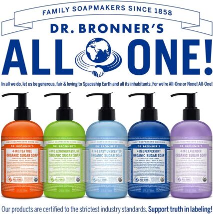 Dr. Bronner's Organic sugar pump soap infographic with words all in one and family soapmaking since 1858