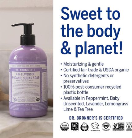 Dr. Bronner's Organic sugar pump soap infographic with Sweet to body and planet