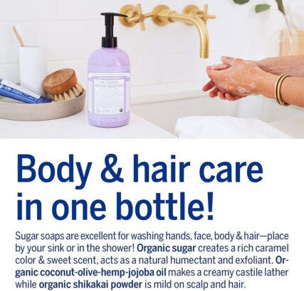 Dr. Bronner's Organic sugar pump soap infographic with words body and hair care in one bottle