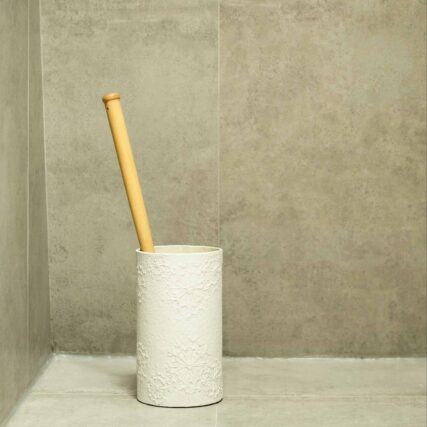 Ecomax white toilet brush holder with brush handle in bathroom