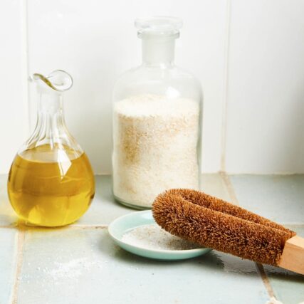 Ecomax foot brush with bottle of oil and jar of salts