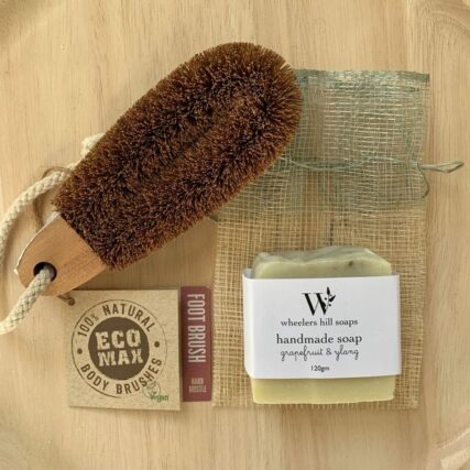 Ecomax foot brush and handmade soap with tag and soap bag