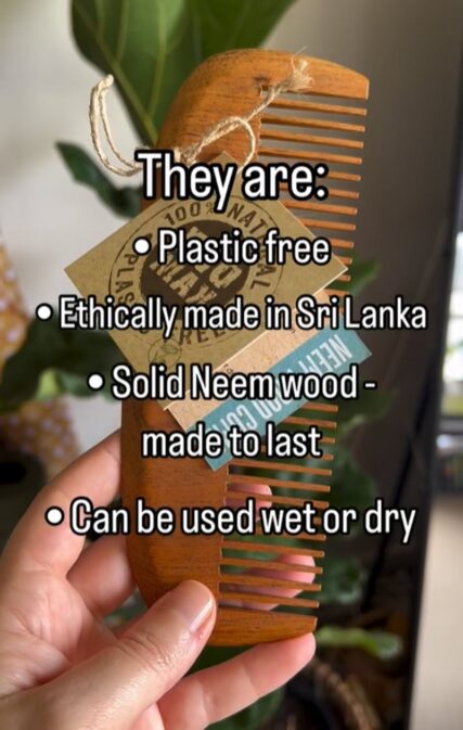 Ecomax neem wood comb that says plastic-free, made to last, can be used wet or dry