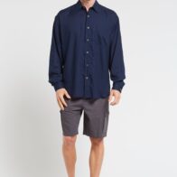 Man wearing Braintree hemp rayon long sleeve shirt navy