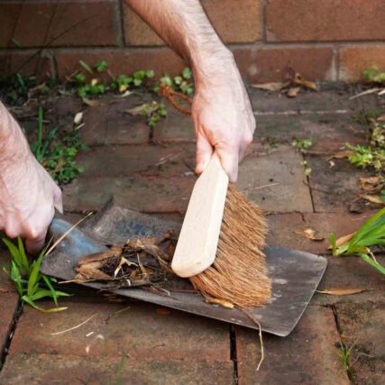 Ecomax dust brush sweeping dirt onto shovel in yard