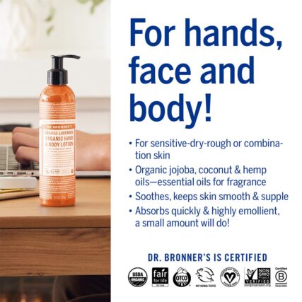 Dr. Bronner's Organic Hand and Body Lotion Orange Lavender 237ml and infographic with words For Hands, face and body!