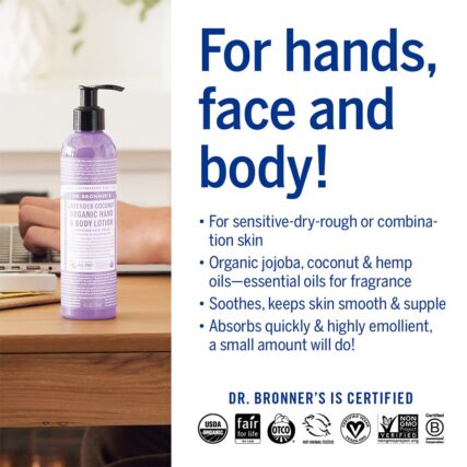 Dr. Bronner's Organic Hand and Body Lotion Lavender 237ml and infographic with words For Hands, face and body!