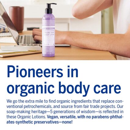 Dr. Bronner's Organic Hand and Body Lotion Lavender 237ml and infographic with words Pioneers in organic body care