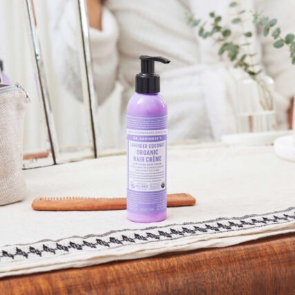 Dr. Bronner's Hair Creme Lavender Coconut 177ml on make up bench