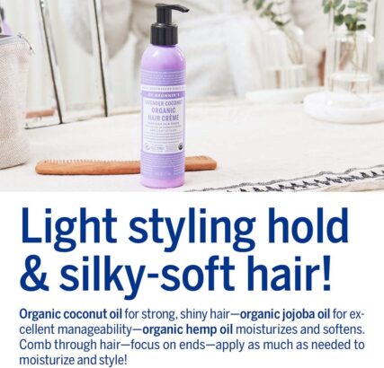 Dr. Bronner's Hair Creme Lavender Coconut 177ml on make up bench with words Light Styling hold and silky soft hair