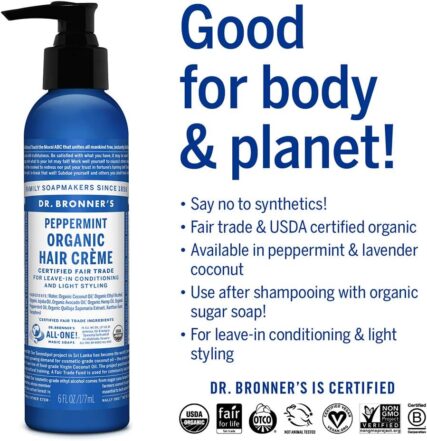 Dr. Bronner's Hair Creme peppermint 177ml with words good for body and planet