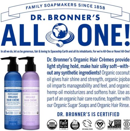 Dr. Bronner's Hair Creme Lavender Coconut and peppermint 177ml All one infographic