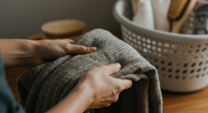 hands holding hemp clothing near washing basket