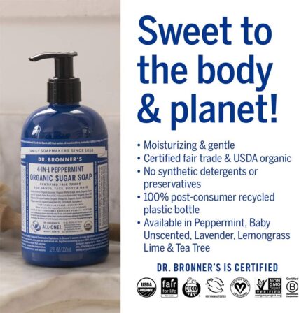 Dr. Bronner's Organic sugar pump soap infographic with Sweet to body and planet